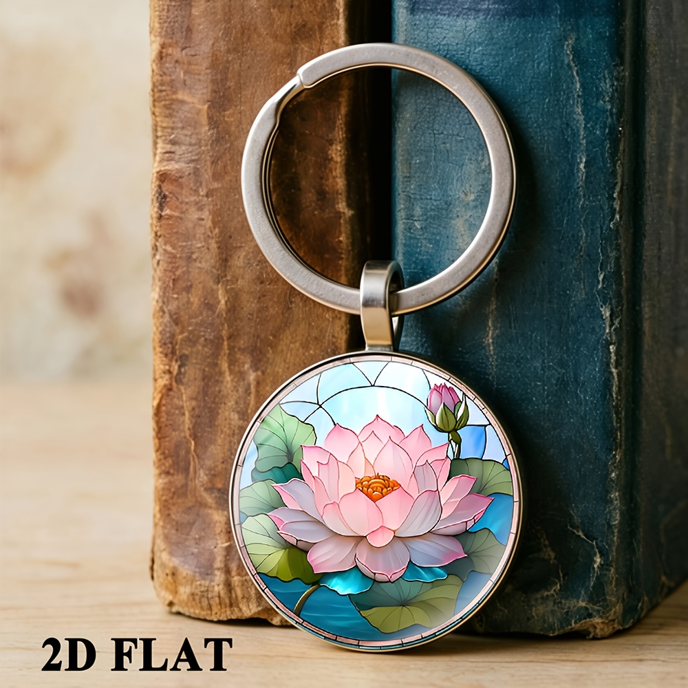 Time Stone Keychain with Pink Lotus Flower Pattern